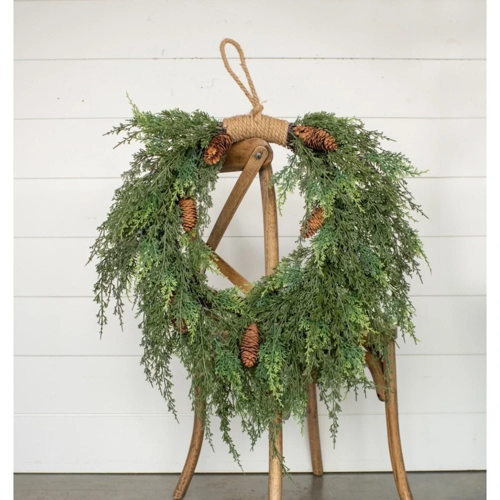 28" Cedar and Cones Hanging All Seasonal Farmhouse Decoration Artificial Wreath - Picture 3 of 3